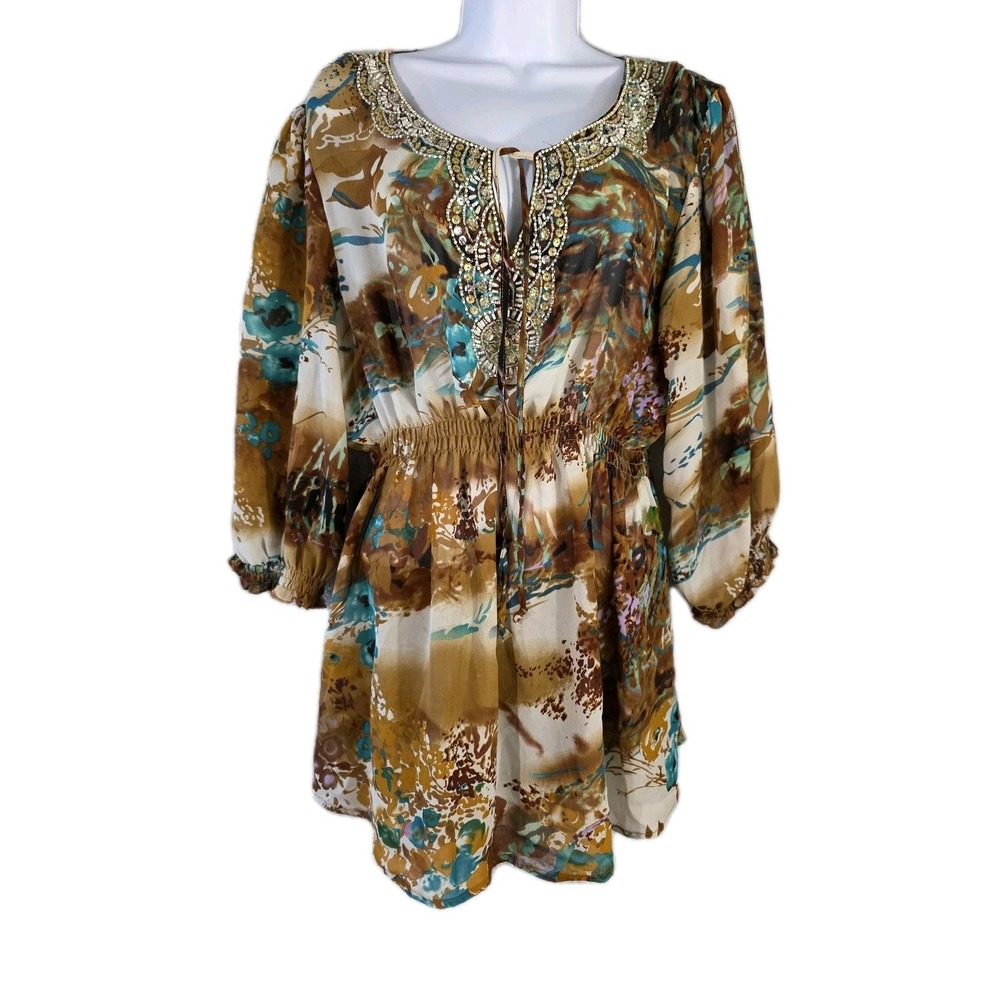 Rena Renee Blouse Womens XL Teal Brown Multicolor Beads Sequins V-Neck Fairy